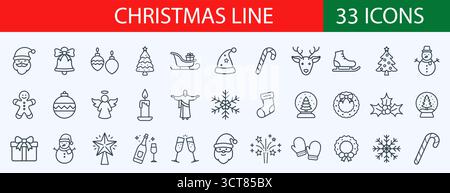 Set mit Symbolen für Weihnachtskonturen. Feiertagssymbol. Kollektion mit Symbolen für Line Xmas Stock Vektor