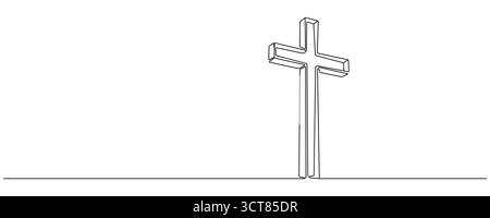 Christliches Kreuz, Kruzifix, durchgehende Einzeilenzeichnung. Symbol der traditionellen Religion. Kirche Schild Kreuz eine Linie Kunst handgezeichnet. Vektorabbildung Stock Vektor