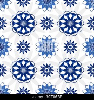Nahtloses Vektormuster mit blauen dekorativen Blumenformen im Folk-Stil. Eleganter dekorativer Hintergrund für Textil, Druck, Stoff oder Design. Stock Vektor