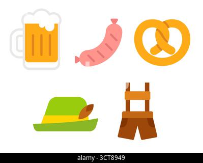 Das Oktoberfest-Bierfestival ist Ikonen. Einfache flache Zeichentricksymbole für Bier, Essen, deutsche Tracht. Vektorillustrationssatz. Stock Vektor