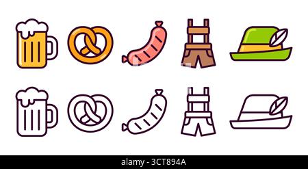 Das Oktoberfest-Bierfestival ist Ikonen. 2 Styles, farbige Symbole für Zeichentricklinien und schwarze Umrisse. Bier, Essen, deutsche Tracht. Vektorillustrationssatz. Stock Vektor