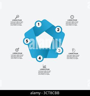 Blaues pentagon, Infografik mit fünf Schritten – Vektorgrafik Stock Vektor