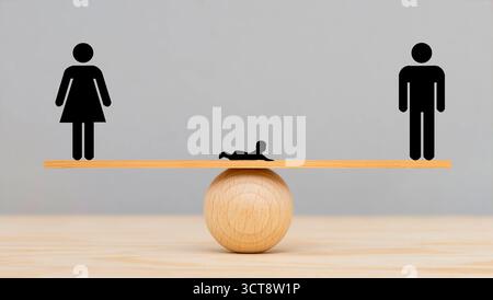 Sorgerecht für Scheidungskind auf einer Wippe steht ein Mann und eine Frau im Gleichgewicht über einem Kind als Symbolbild zur Entscheidung zum Sorger Stockfoto