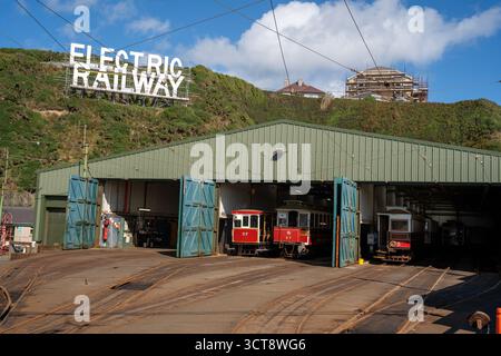 Elektrobahndepot mit alten Straßenbahnen auf der Isle of man Stockfoto