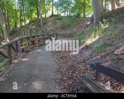 Ein ruhiger Waldweg mit einem Holzzaun schlängelt sich durch das üppige Grün der James Gardens in Toronto. Stockfoto