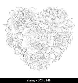 Wunderschönes schwarz-weißes Herz mit Blumen Pfingstrose dekoriert. Ich liebe dich Stock Vektor