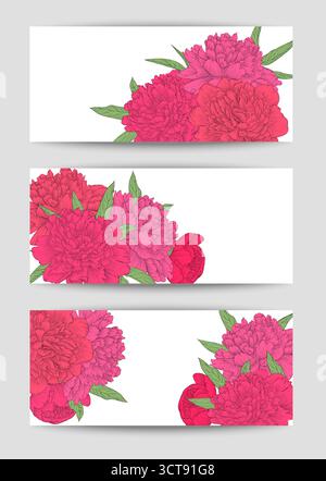 Schöne horizontale Banner mit Blumen. Handgezeichneter Hintergrund für Grußkarten und Einladungen Stock Vektor