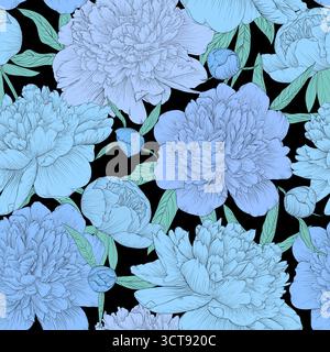 Wunderschöner, nahtloser Hintergrund. Blumen Pfingstrosen mit Blättern und Knospen Stock Vektor