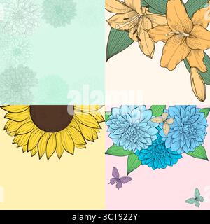 Hintergrundset mit Platz für Text, Rahmen mit Blumen. Handgezeichnete Konturlinien und Konturen. Perfekte Grußkarten und Einladungen im Hintergrund Stock Vektor