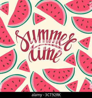 Vektorrahmen Hintergrundkarte Sommerzeit nahtloser Hintergrund mit Wassermelonenscheiben Stock Vektor