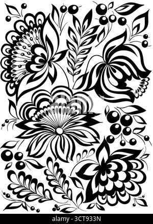 Schöne monochrome schwarz-weiße Blumen und Blätter isoliert Stock Vektor