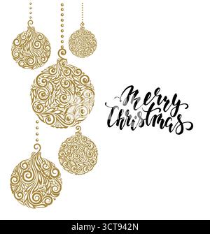 Hängende Weihnachtskugel mit einem Blumenwirbel. Handgezeichneter Kalligraphie-Schriftzug „Merry Christmas“ Stock Vektor