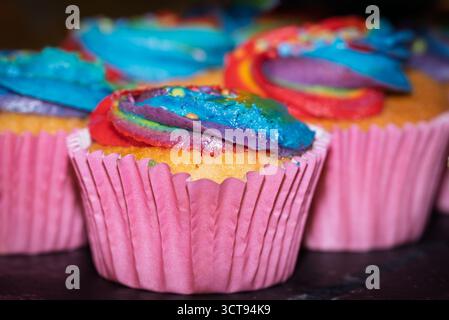 Rainbow Cupcakes! Ein Bäcker hat diese farbenfrohen Leckereien für den Stolz oder Geburtstag zubereitet. Stockfoto