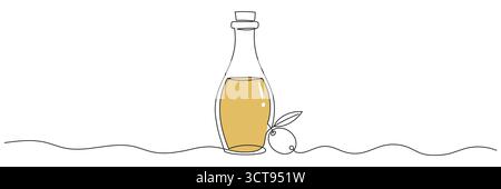 Ununterbrochene einzeilige Zeichnung von Olivenöl in einer Glasflasche, Vektorillustration. Olivenöl in durchgehender Linienzeichnung. Bearbeitbare Zeile. Stock Vektor
