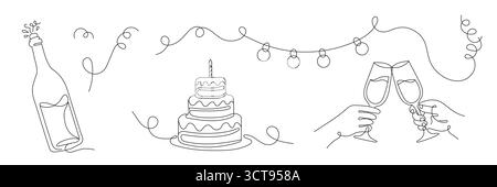 Eine durchgehende Linienzeichnung einer Feier mit Champagner, Kuchen und anklirenden Gläsern. Eine minimalistische, einzeilige Illustration für Geburtstag, Hochzeit, Stock Vektor