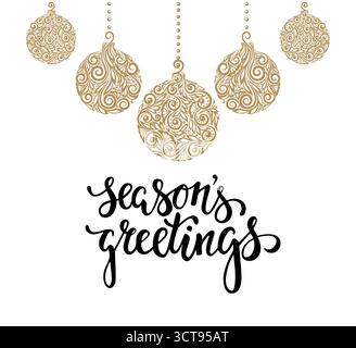 Hängende Weihnachtskugel mit einem Blumenwirbel. Handgezeichnete Kalligraphie-Jahreszeitgrüße-Schriftzüge. Stock Vektor