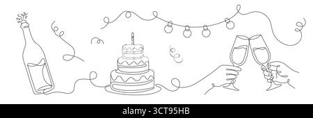 Eine durchgehende Linienzeichnung einer Feier mit Champagner, Kuchen und anklirenden Gläsern. Eine minimalistische, einzeilige Illustration für Geburtstag, Hochzeit, Stock Vektor