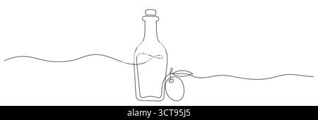 Ununterbrochene einzeilige Zeichnung von Olivenöl in einer Glasflasche, Vektorillustration. Olivenöl in durchgehender Linienzeichnung. Bearbeitbare Zeile. Stock Vektor