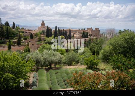 Blick auf den Alhambra-Palast vom Palastgarten, Granada, Spanien Stockfoto
