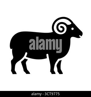 Schwarze Glyphe-Ikone eines stehenden Widders mit großen gewellten Hörnern. Einfaches, flaches Design, perfekt für Astrologie-Projekte in der Landwirtschaft, im Fleisch oder mit Sternzeichen. Stock Vektor