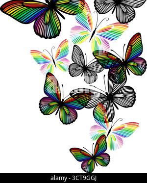 Regenbogenfalter fliegen. Handgezeichnet. Nicht AI, Vektordarstellung. Stock Vektor