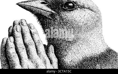 Surrealer Vogel mit menschlichen Händen in detaillierter Stipple Art für einzigartige Konzepte. Stock Vektor