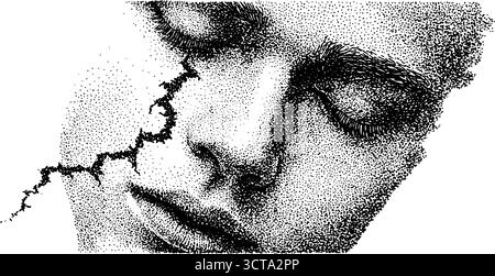 Kompliziertes Punktwerk eines zerrissenen menschlichen Gesichts - künstlerisches Design für Poster und Karten. Stock Vektor