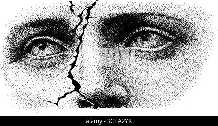 Komplizierte Dotwork-Illustration eines zerrissenen menschlichen Gesichts für künstlerisches Design. Stock Vektor