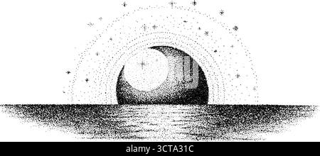 Kompliziertes Stufenwerk eines sichelförmigen Mondes, der sich am Nachthimmel über dem Wasser reflektiert. Stock Vektor
