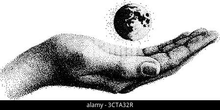 Aufwändiges Punktmuster aus Mondsichel und Hand für künstlerisches Dekor. Stock Vektor