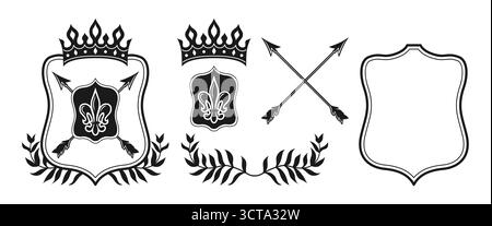 Wappen mit heraldischer klassischer Lilie auf Schild, Lorbeerkranz, Pfeile quer, Krone. Wappen setzen mittelalterliches Emblem Fantasy-Königreich. Wappengenerator Vintage Vektor Design Illustration Stock Vektor