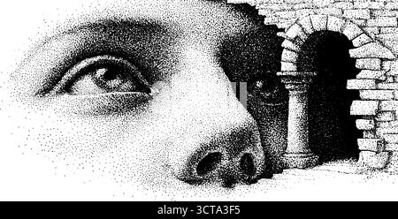 Komplizierte Dotwork-Stipple-Illustration mit einer Tür und einem menschlichen Gesicht. Stock Vektor