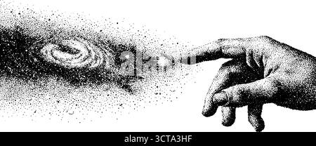 Hand in Richtung Galaxie in detaillierter Dotwork-Stipple-Kunst. Stock Vektor