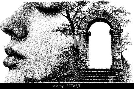 Künstlerische Verschmelzung von menschlichem Profil und antikem Bogen im Dotwork-Stil für kreatives Design. Stock Vektor