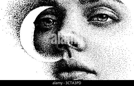 Kompliziertes Punktmuster eines Gesichts mit Mondsichel-Design für künstlerische Projekte. Stock Vektor