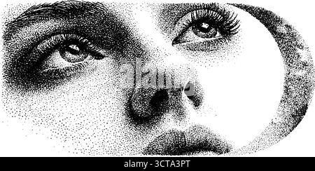 Komplexe Stippelkunst eines Gesichts mit Mondsichel-Akzenten für einzigartige Designprojekte. Stock Vektor