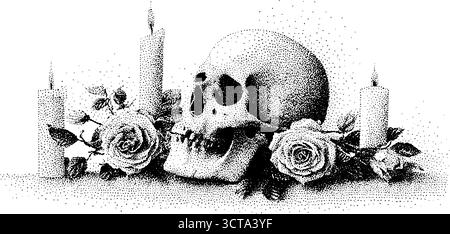 Gotischer Schädel mit Rosen und Kerzen - detaillierte Punktmuster-Illustration für Design und Dekoration. Stock Vektor