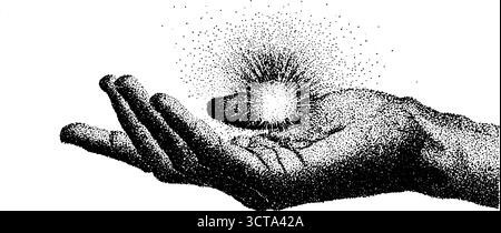 Strahlende Hand mit ätherischem Licht in detaillierter Dotwork-Stipple-Kunst für Poster und Designs. Stock Vektor