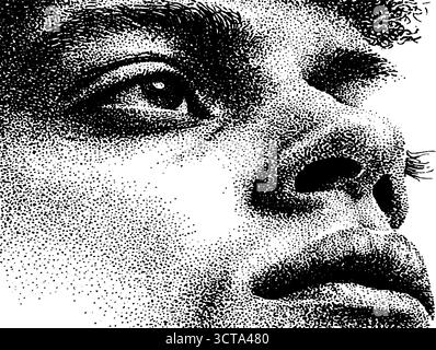 Komplizierte Stipple-Kunst eines menschlichen Gesichts mit Dotwork-Details. Stock Vektor