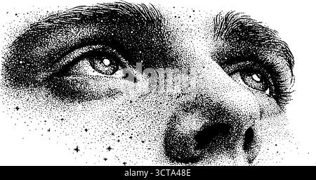 Kompliziertes Dotwork-Stachelporträt des menschlichen Gesichts mit detaillierten Gesichtszügen. Stock Vektor