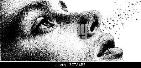 Komplizierte Dotwork-stippende Illustration des menschlichen Gesichts mit himmlischen Akzenten für künstlerisches Design. Stock Vektor