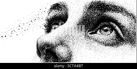 Kompliziertes Dotwork-stippelndes Porträt des menschlichen Gesichts mit Blick im Halbtoneffekt. Stock Vektor