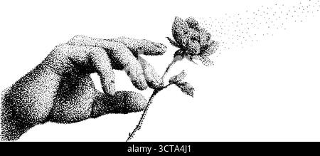 Kompliziertes Dotwork einer Hand, die eine Blume hält – künstlerisches Design für Poster oder Karten. Stock Vektor