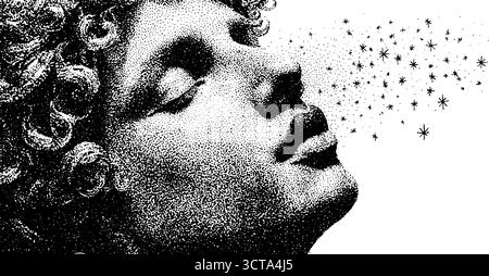 Elegante Dotwork-Stipple-Illustration menschlicher Silhouette mit traumhaften Sternen. Stock Vektor