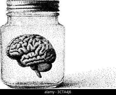 Komplizierte Stippeldarstellung eines menschlichen Gehirns in einem Glas mit Dotwork-Technik. Stock Vektor