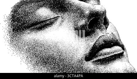 Kompliziertes Dotwork, das die Kunst eines friedlichen menschlichen Gesichts für Design und Dekoration schmückt. Stock Vektor