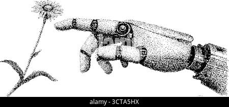 Komplizierte Dotwork-Stipple-Illustration einer Roboterhand, die nach Blumen greift. Stock Vektor