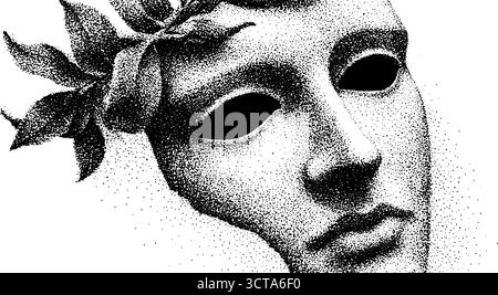 Komplizierte Stippelkunst einer theatralischen griechischen Maske im Dotwork-Stil für künstlerische Entwürfe. Stock Vektor