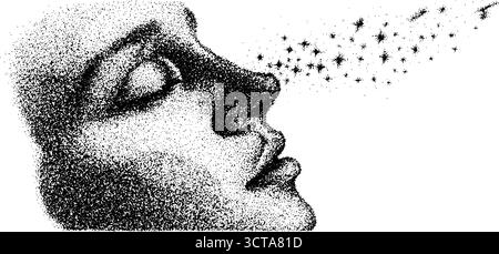 Kompliziertes Dotwork-Porträt eines ruhigen menschlichen Gesichts im Halbtonstil. Stock Vektor