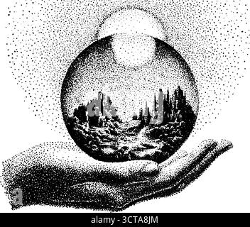 Komplizierte Dotwork Stipple Tarot-Karte Illustration mit mystischer Landschaft. Stock Vektor